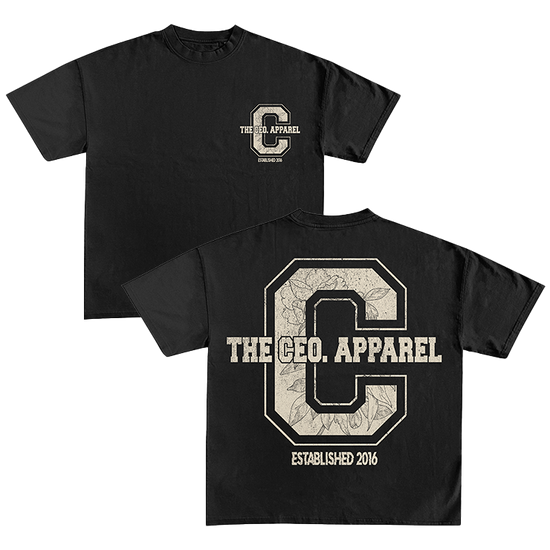 A black t-shirt featuring a large letter 'C' with floral patterns inside, and the words 'THE CEO. APPAREL' across the middle. Below the design, it reads 'ESTABLISHED 2016.'
