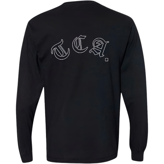 Back view of a black long sleeve The CEO. Apparel shirt featuring large white gothic-style TCA lettering across the shoulders.