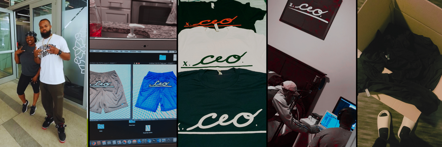 Collage featuring The CEO. Apparel t-shirts and shorts in various colors, product mockups, creative team at work, and packaging preparation highlighting brand growth and style evolution.