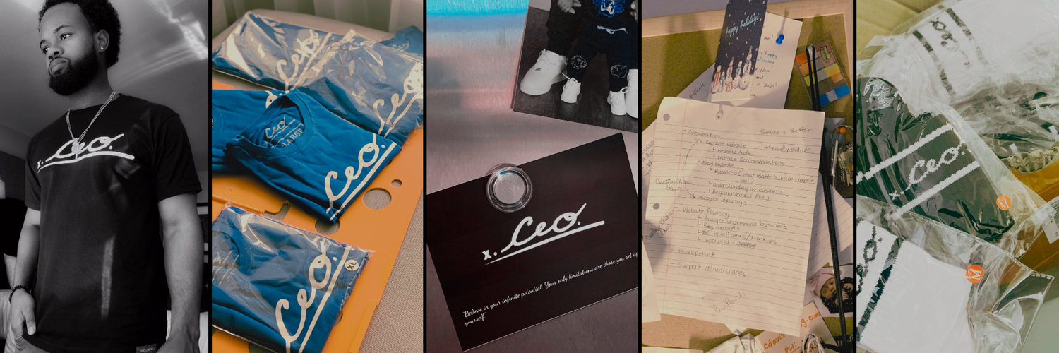 Collage showing The CEO. Apparel journey, including product packaging, handwritten plans, motivational branding, and early vision development.
