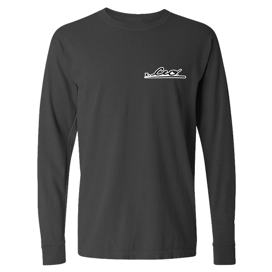 Front view of a black long sleeve The CEO. Apparel shirt with white signature logo on the left chest.