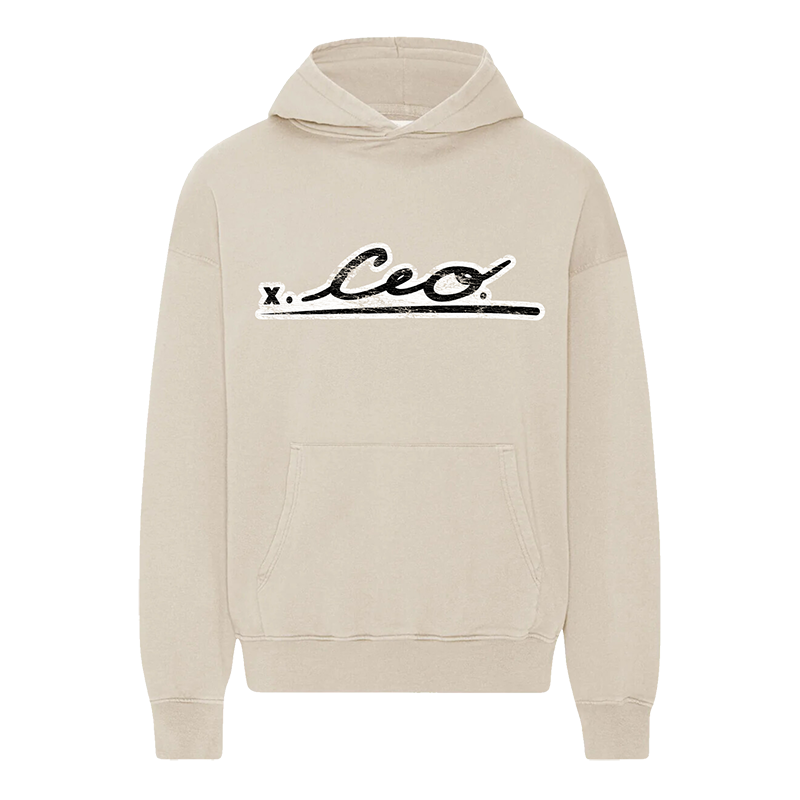 Front view of a ivoryThe CEO. Apparel hoodie featuring the bold black signature logo across the chest.