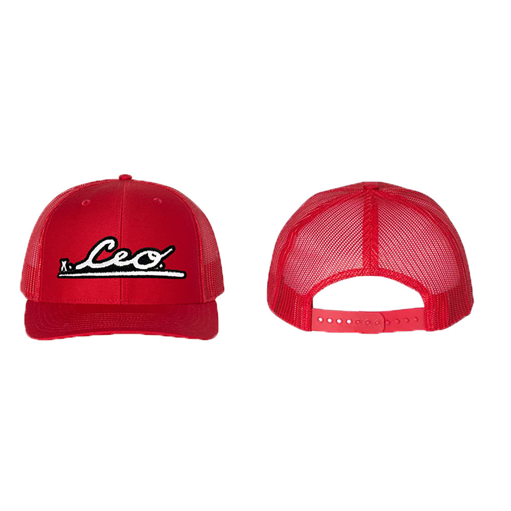 Front and back view of The CEO. Apparel red snapback trucker hat featuring the embroidered CEO. logo in black and white.