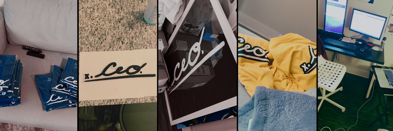 Behind-the-scenes collage of The CEO. Apparel startup journey, featuring at-home product packaging, branding materials, workstation setup, and early merchandise prep.