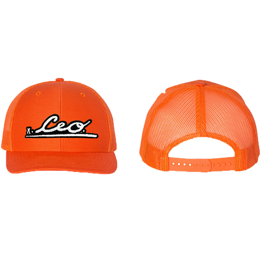 Front and back view of The CEO. Apparel orange snapback trucker hat featuring the embroidered CEO. logo in black and white.