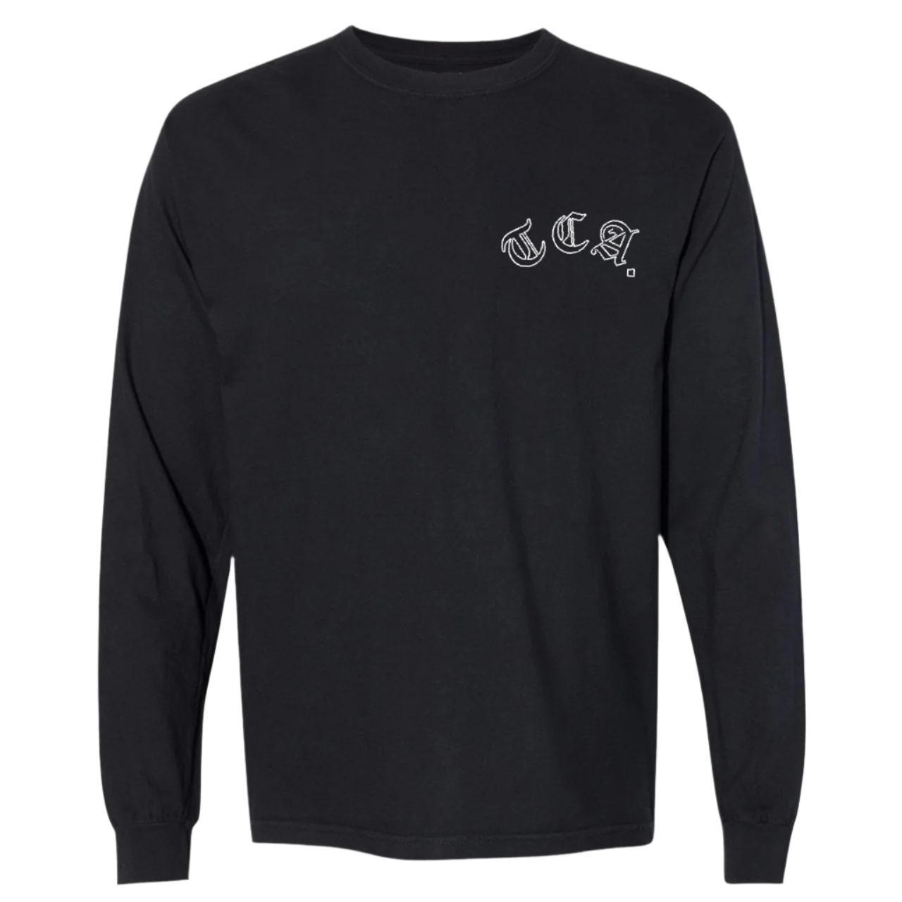 Front view of a black long sleeve The CEO. Apparel shirt with white gothic “TCA.” lettering on the left chest.