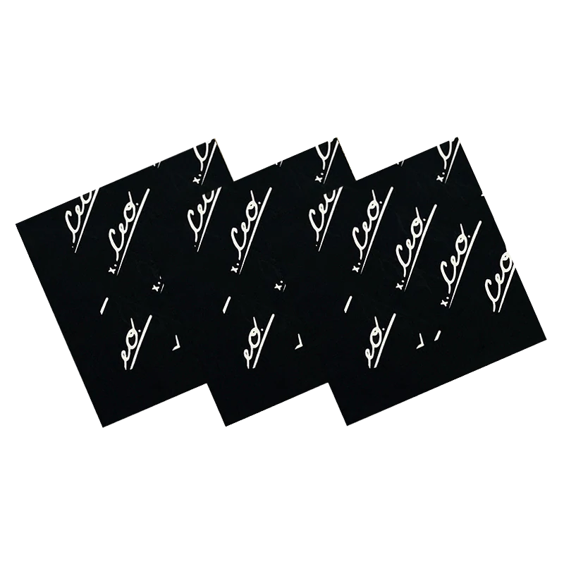 Four stacked black bandanas featuring white diagonal CEO. Apparel logo print in a repeating pattern.