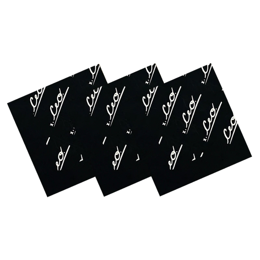 Four stacked black bandanas featuring white diagonal CEO. Apparel logo print in a repeating pattern.