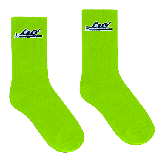 Neon green crew socks featuring black embroidered CEO. Apparel logo on the outer calf.