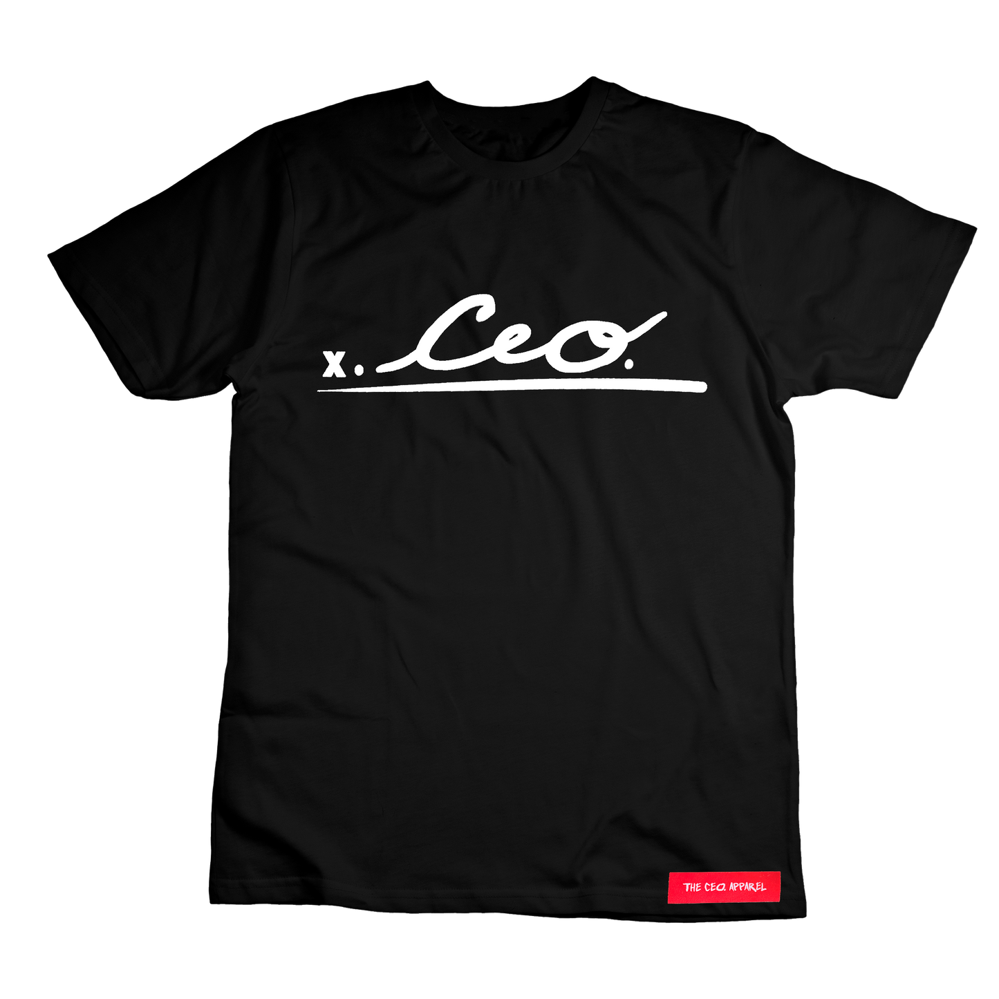 Front view of black CEO. Signature T-shirt with bold white logo