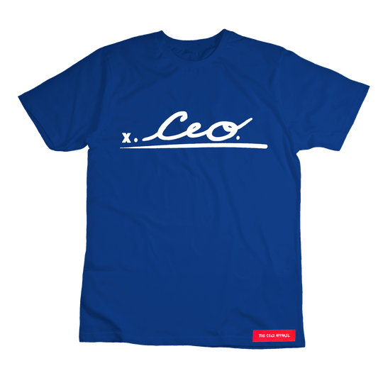 Front view of blue CEO. Signature T-shirt with bold white logo