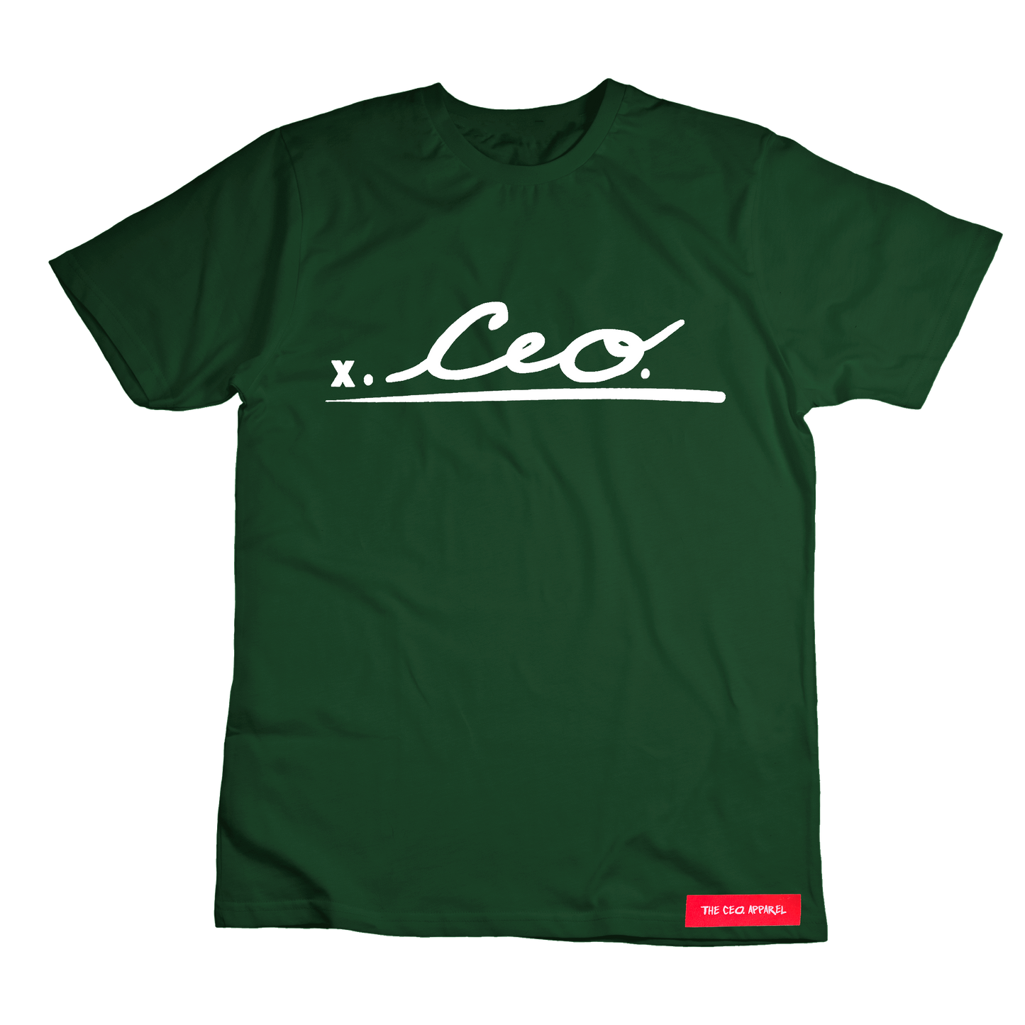 Front view of green CEO. Signature T-shirt with bold white logo