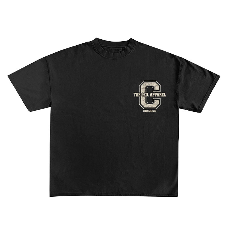 Front view of a black The CEO. Apparel t-shirt featuring a bold cream collegiate “C” logo with “Established 2016” text on the chest.
