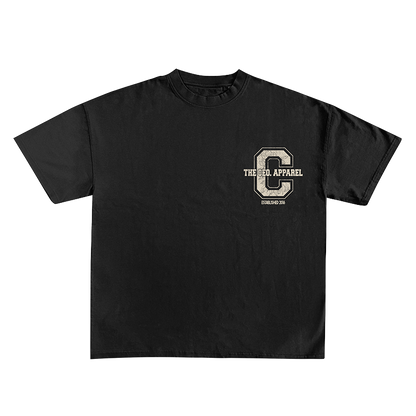 Front view of a black The CEO. Apparel t-shirt featuring a bold cream collegiate “C” logo with “Established 2016” text on the chest.