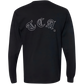 Back view of a black long sleeve The CEO. Apparel shirt featuring large white gothic-style TCA lettering across the shoulders.