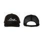 Front and back view of The CEO. Apparel black snapback trucker hat featuring the embroidered CEO. logo in black and white.
