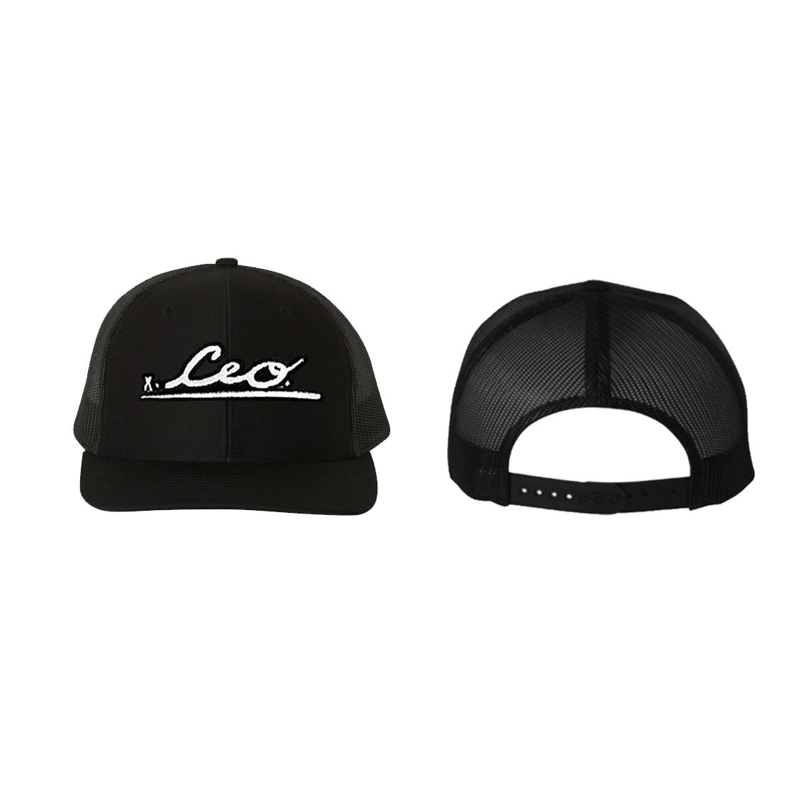Front and back view of The CEO. Apparel black snapback trucker hat featuring the embroidered CEO. logo in black and white.