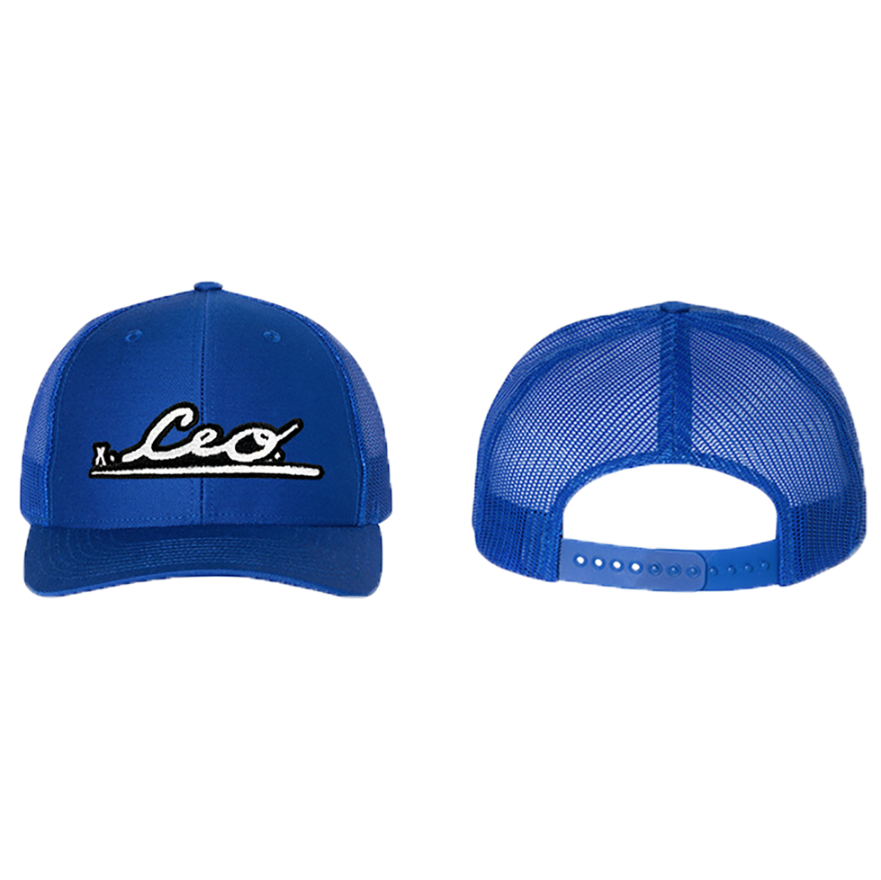 Front and back view of The CEO. Apparel blue snapback trucker hat featuring the embroidered CEO. logo in black and white.