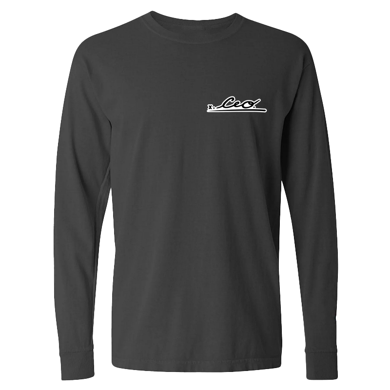 Front view of a black long sleeve The CEO. Apparel shirt with white signature logo on the left chest.