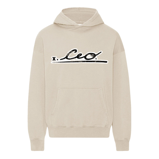 Front view of a ivoryThe CEO. Apparel hoodie featuring the bold black signature logo across the chest.