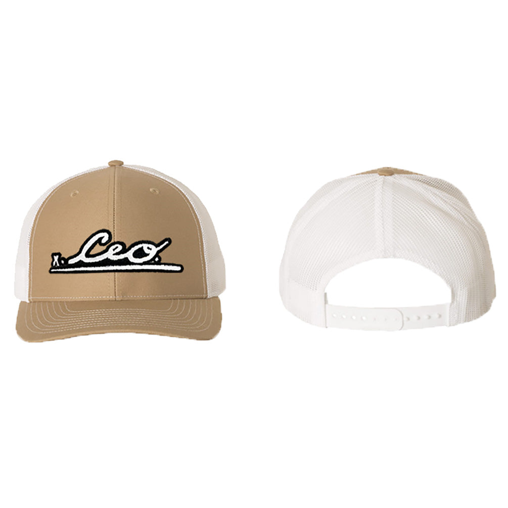 Front and back view of The CEO. Apparel tan-and-white snapback trucker hat featuring the embroidered CEO. logo in black and white.