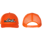 Front and back view of The CEO. Apparel orange snapback trucker hat featuring the embroidered CEO. logo in black and white.