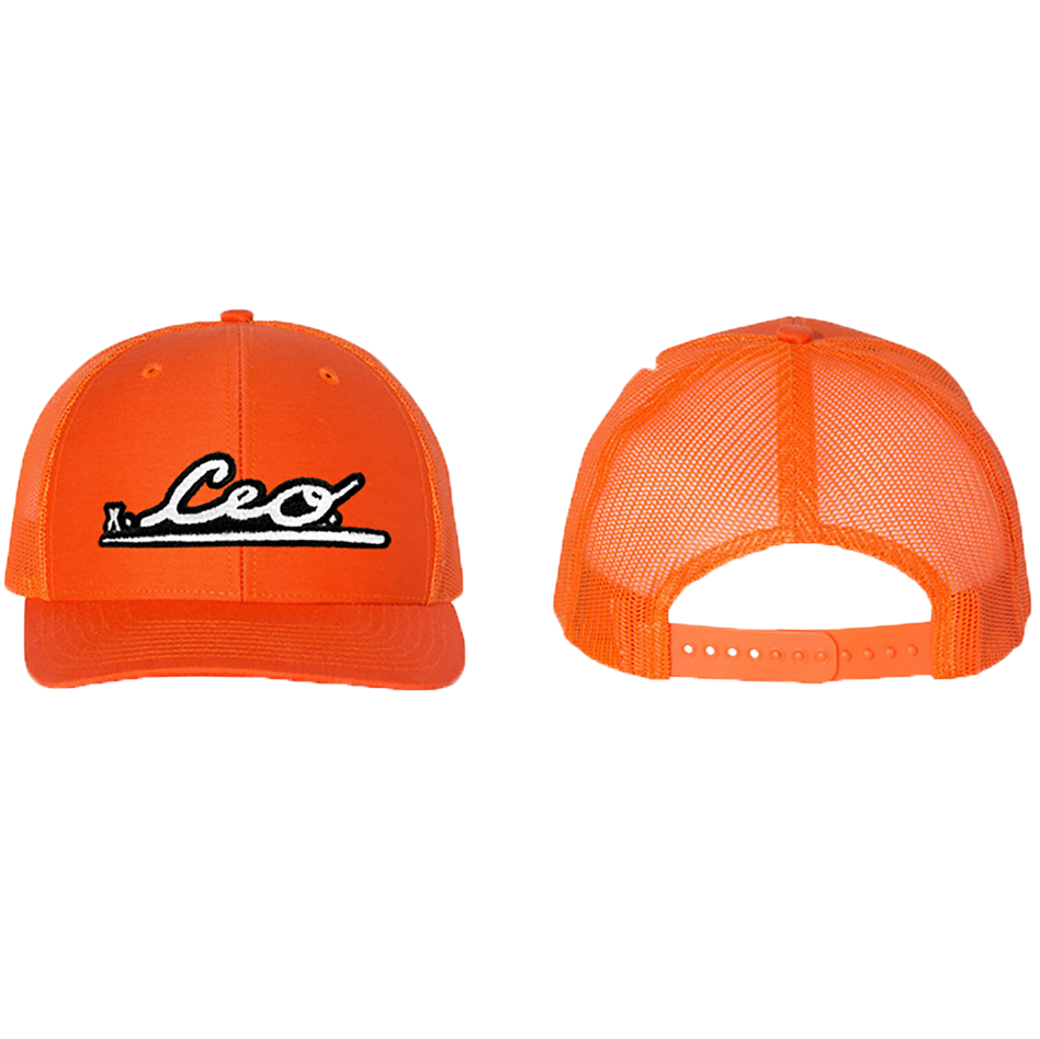 Front and back view of The CEO. Apparel orange snapback trucker hat featuring the embroidered CEO. logo in black and white.