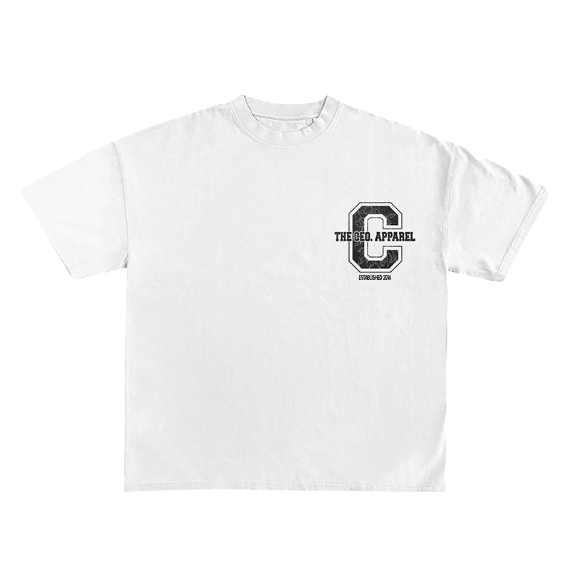 Front view of a white The CEO. Apparel t-shirt featuring a bold black collegiate “C” logo with “Established 2016” text on the chest.
