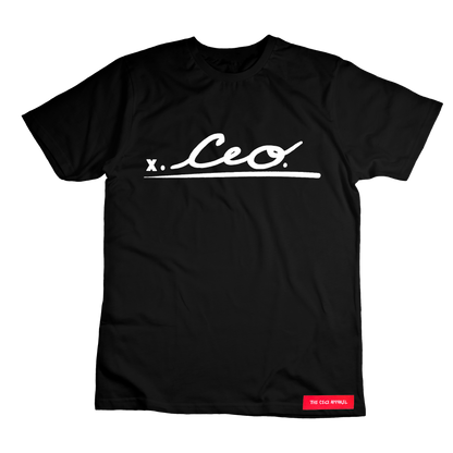 Front view of black CEO. Signature T-shirt with bold white logo